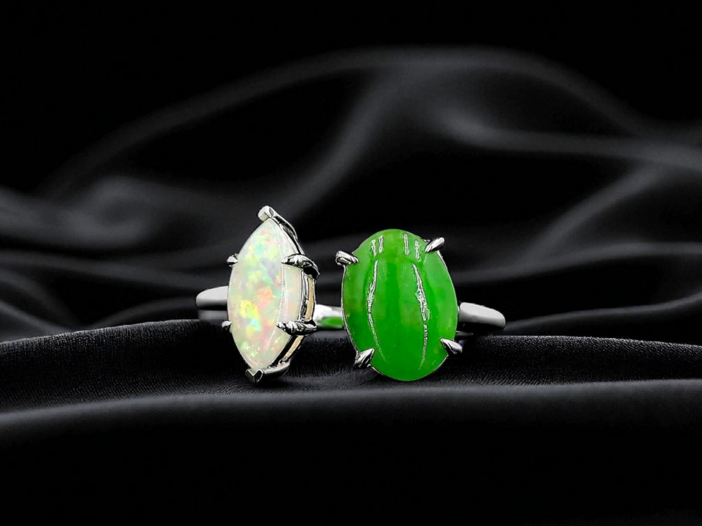 Opade Elegance Burmese A-Jadeite and Australian Opal Toi et Moi Ring Size US 7 with 14K White Gold - Certified V3