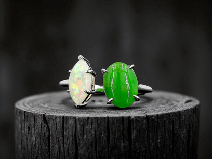 Opade Elegance Burmese A-Jadeite and Australian Opal Toi et Moi Ring Size US 7 with 14K White Gold - Certified V3
