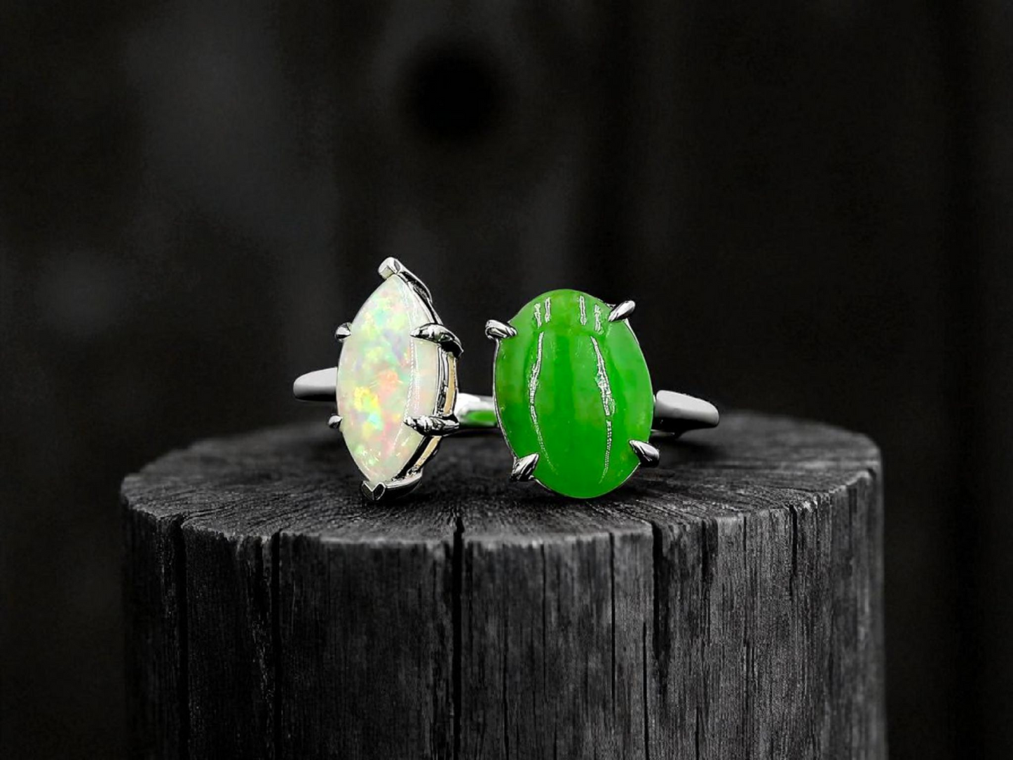 Opade Elegance Burmese A-Jadeite and Australian Opal Toi et Moi Ring Size US 7 with 14K White Gold - Certified V3