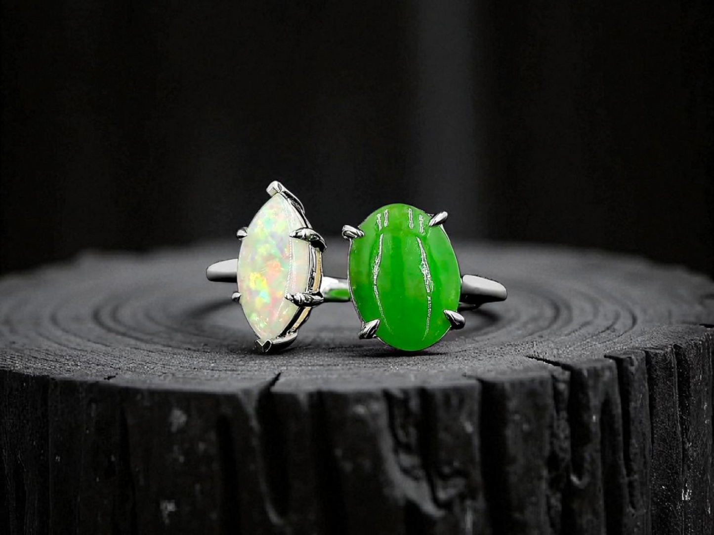 Opade Elegance Burmese A-Jadeite and Australian Opal Toi et Moi Ring Size US 7 with 14K White Gold - Certified V3
