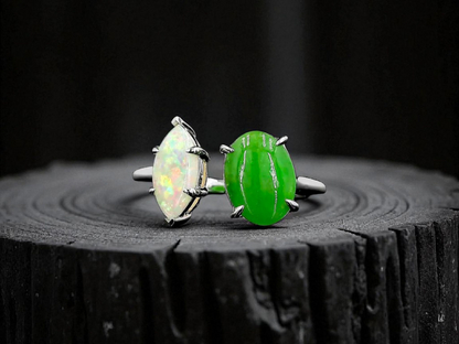 Opade Elegance Burmese A-Jadeite and Australian Opal Toi et Moi Ring Size US 7 with 14K White Gold - Certified V3