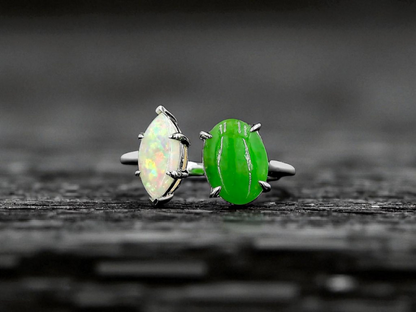 Opade Elegance Burmese A-Jadeite and Australian Opal Toi et Moi Ring Size US 7 with 14K White Gold - Certified V3