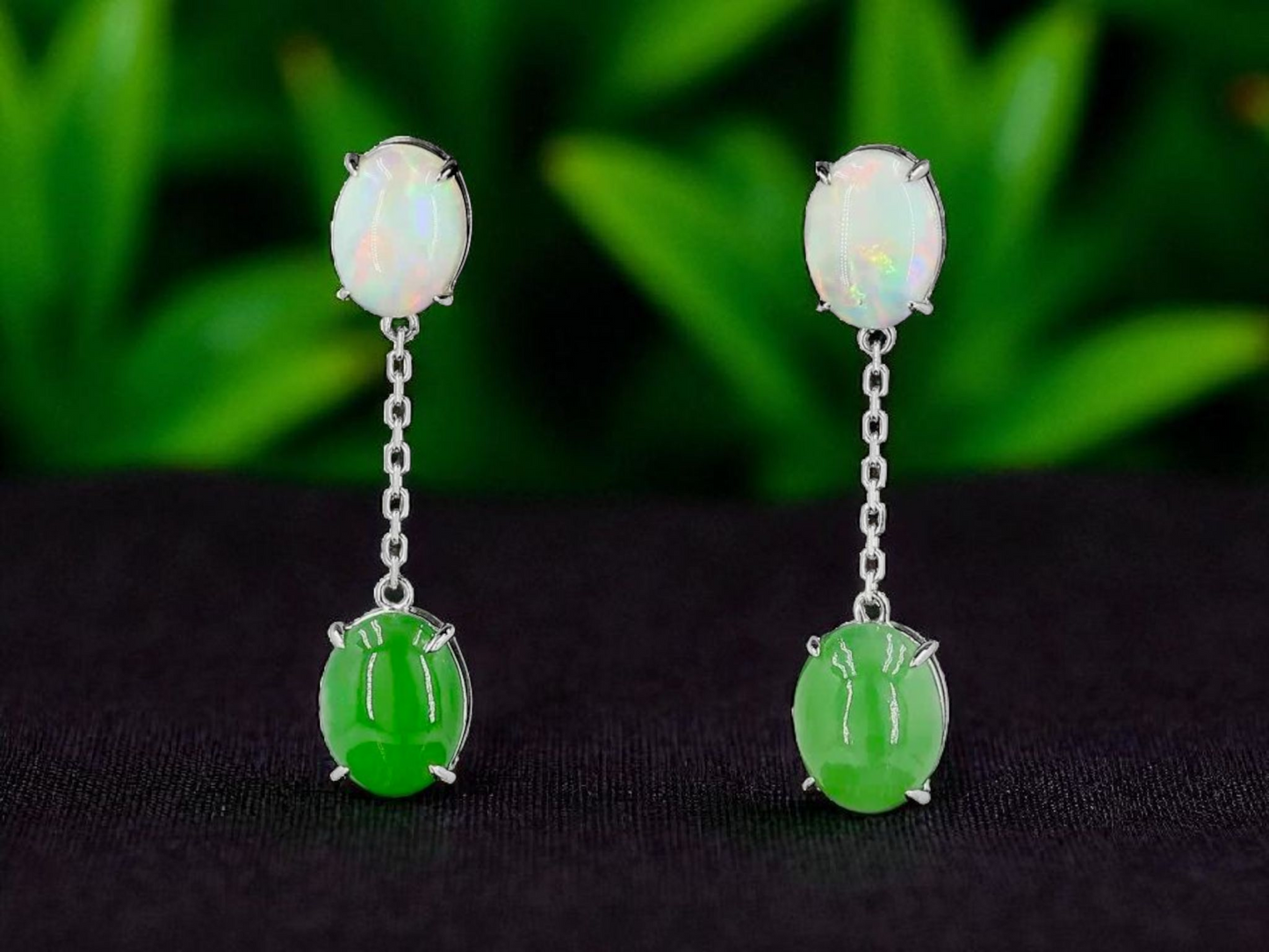 Opade Opulence Burmese A-Jadeite and Australian Opal Drop and Dangle Earrings with 18K White Gold - Certified V1