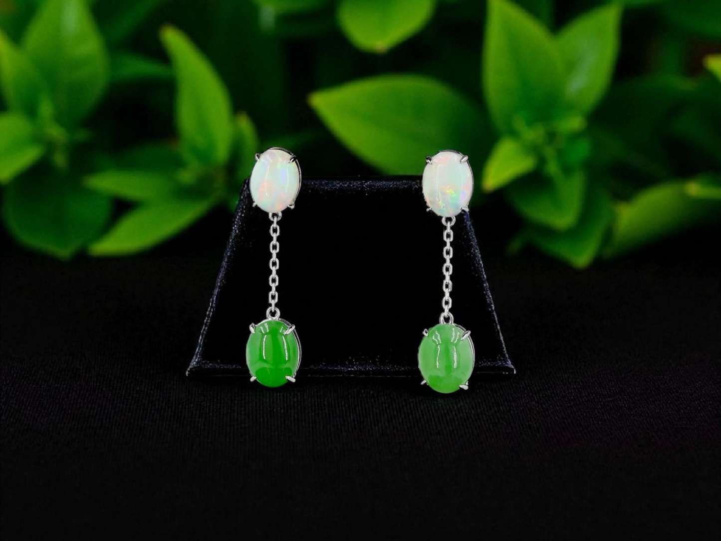 Opade Opulence Burmese A-Jadeite and Australian Opal Drop and Dangle Earrings with 18K White Gold - Certified V1