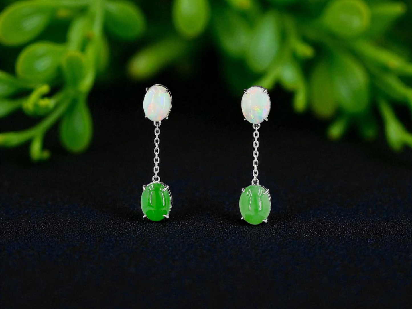 Opade Opulence Burmese A-Jadeite and Australian Opal Drop and Dangle Earrings with 18K White Gold - Certified V1