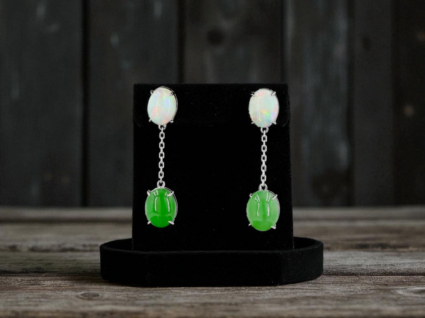 Opade Opulence Burmese A-Jadeite and Australian Opal Drop and Dangle Earrings with 18K White Gold - Certified V1