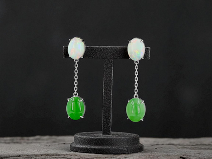 Opade Opulence Burmese A-Jadeite and Australian Opal Drop and Dangle Earrings with 18K White Gold - Certified V1