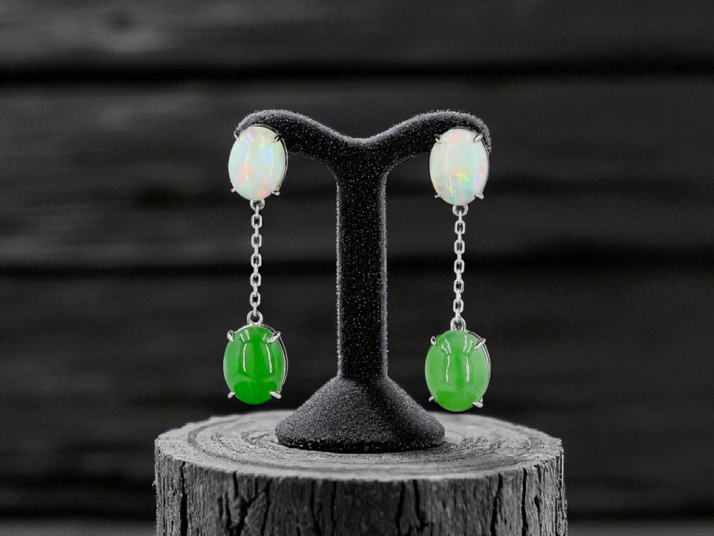 Opade Opulence Burmese A-Jadeite and Australian Opal Drop and Dangle Earrings with 18K White Gold - Certified V1