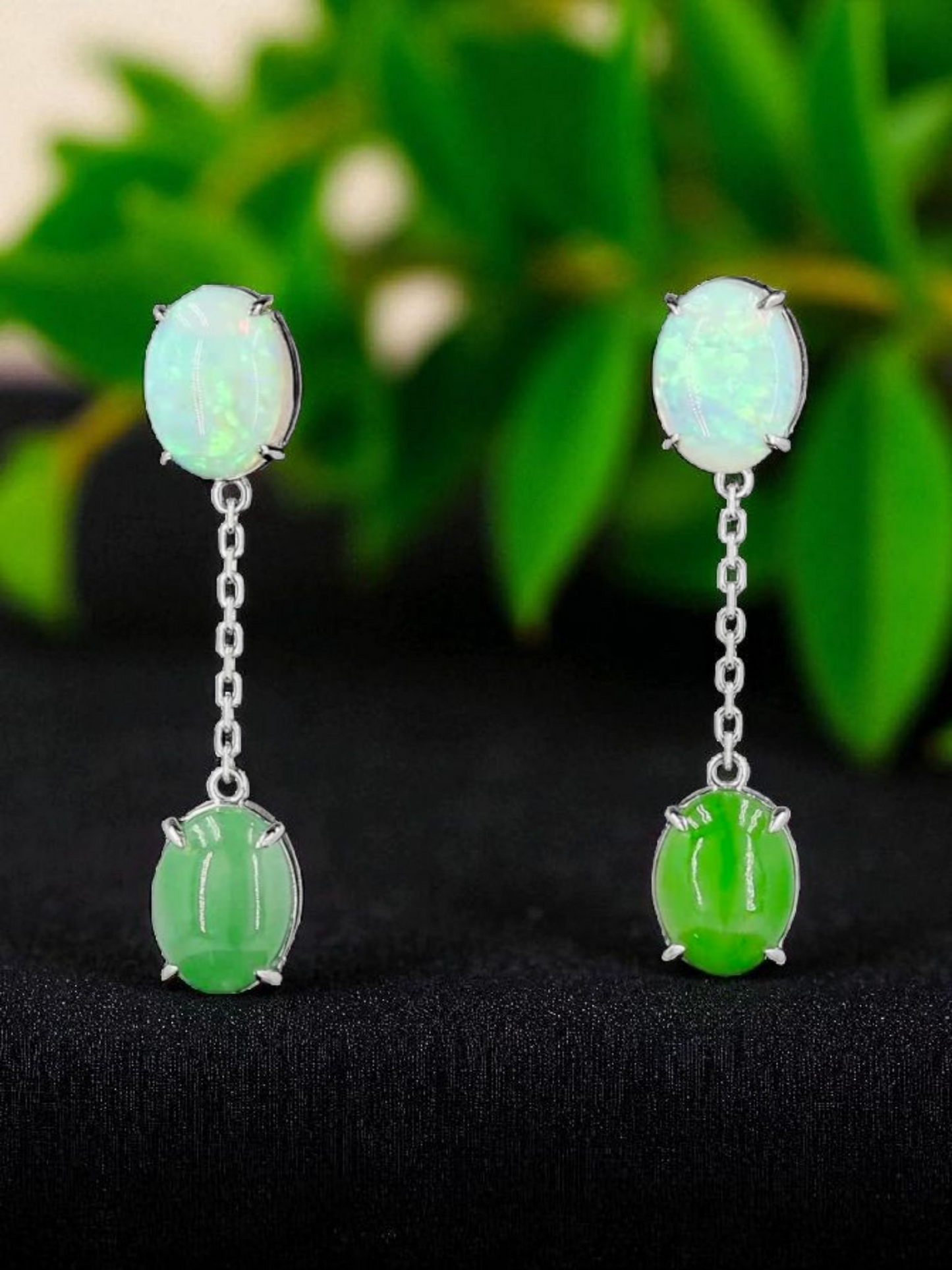 Opade Elegance Burmese A-Jadeite and Australian Opal Drop and Dangle Earrings with 14K White Gold - Certified V1
