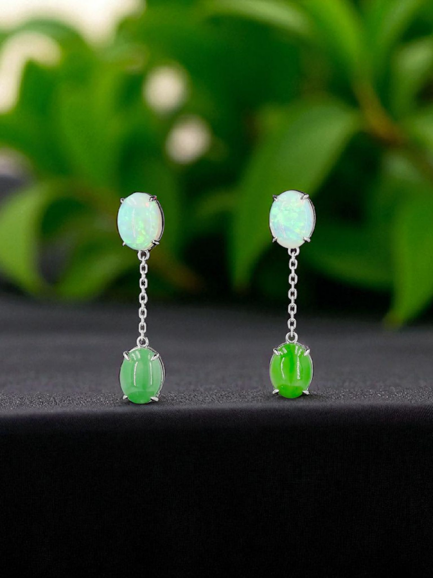Opade Elegance Burmese A-Jadeite and Australian Opal Drop and Dangle Earrings with 14K White Gold - Certified V1