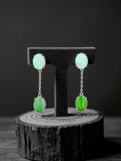 Opade Elegance Burmese A-Jadeite and Australian Opal Drop and Dangle Earrings with 14K White Gold - Certified V1