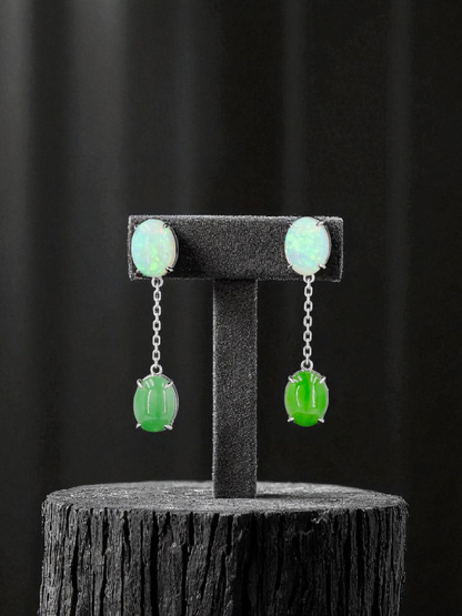 Opade Elegance Burmese A-Jadeite and Australian Opal Drop and Dangle Earrings with 14K White Gold - Certified V1