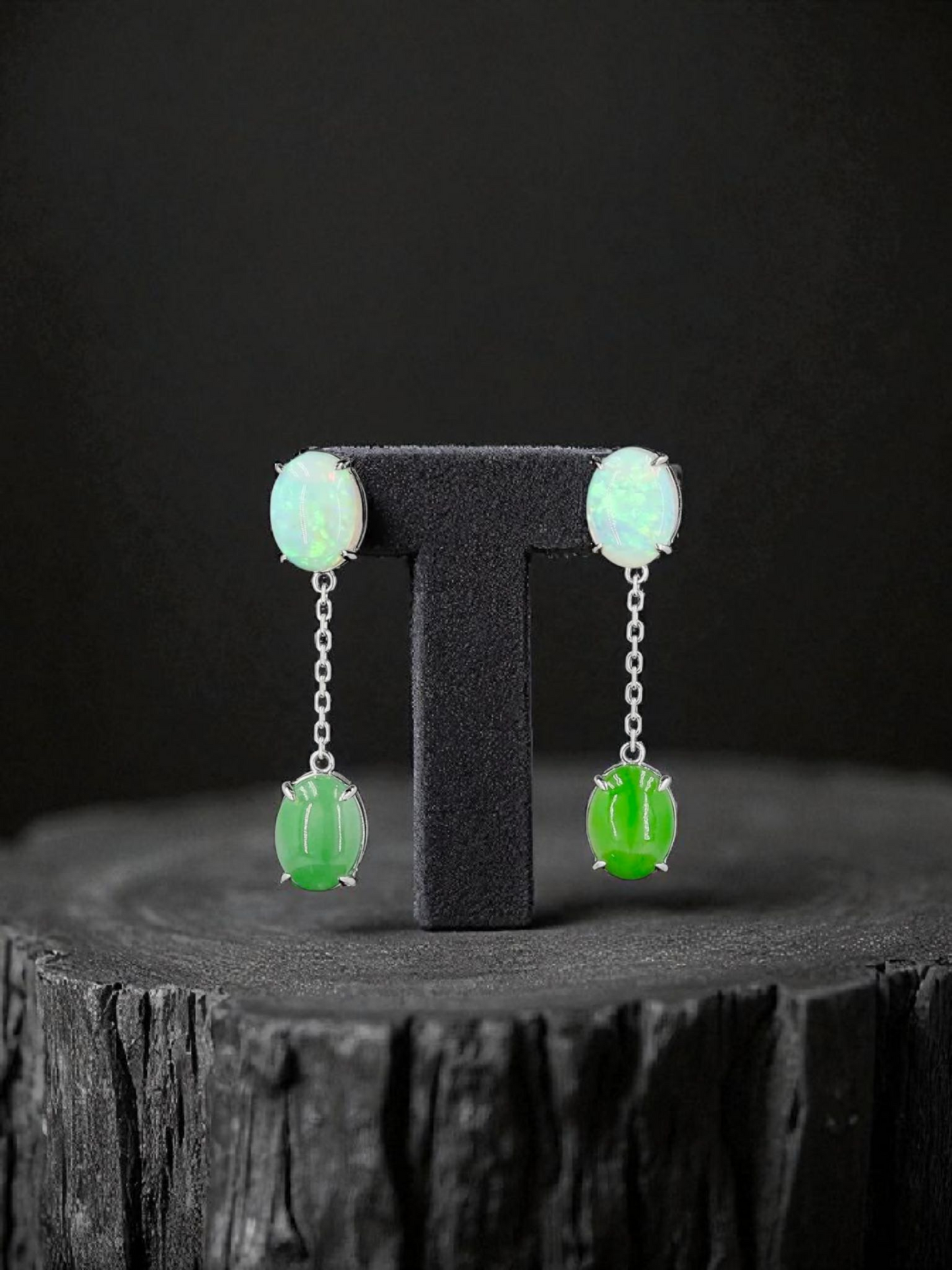 Opade Elegance Burmese A-Jadeite and Australian Opal Drop and Dangle Earrings with 14K White Gold - Certified V1