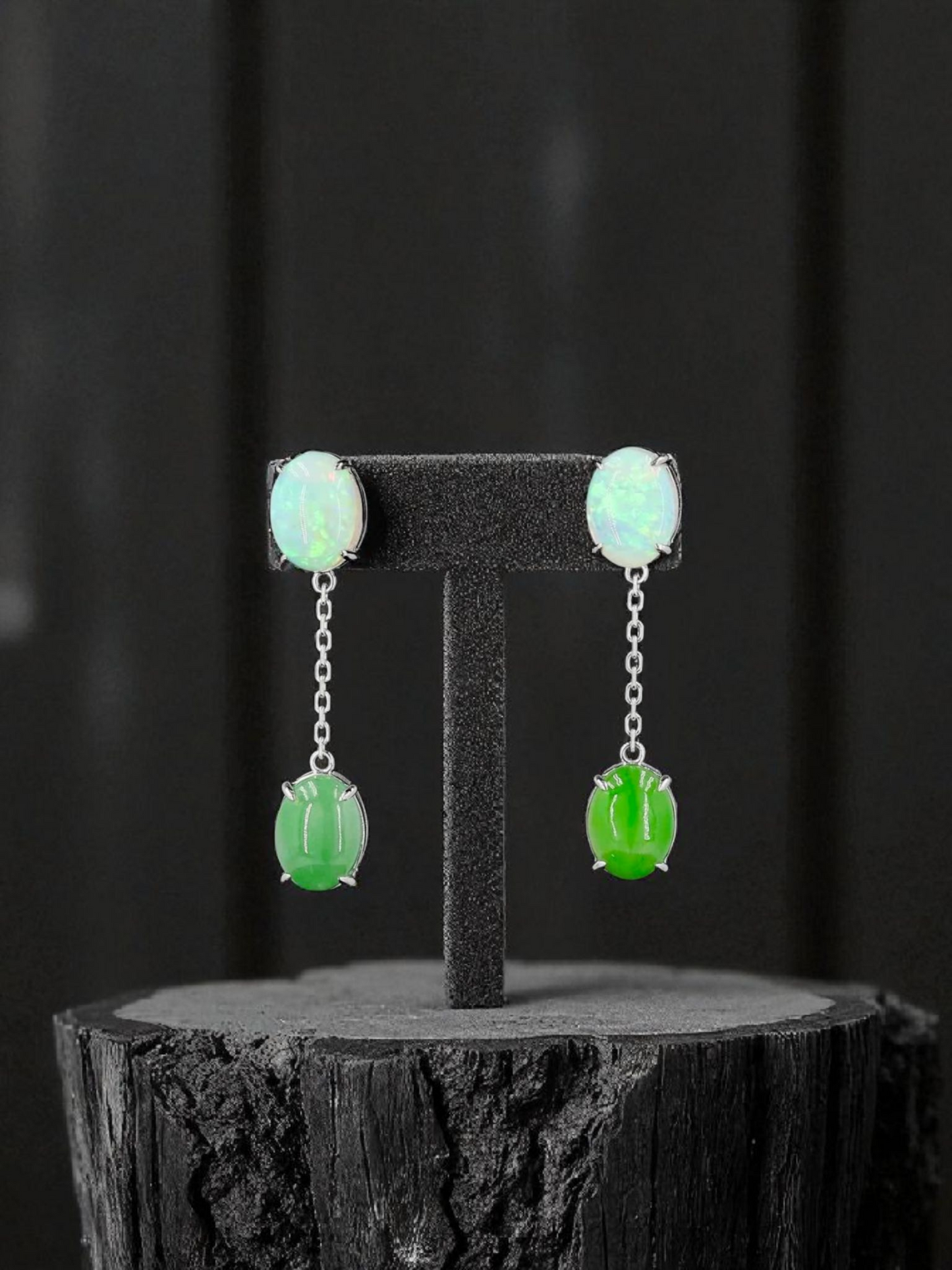 Opade Elegance Burmese A-Jadeite and Australian Opal Drop and Dangle Earrings with 14K White Gold - Certified V1
