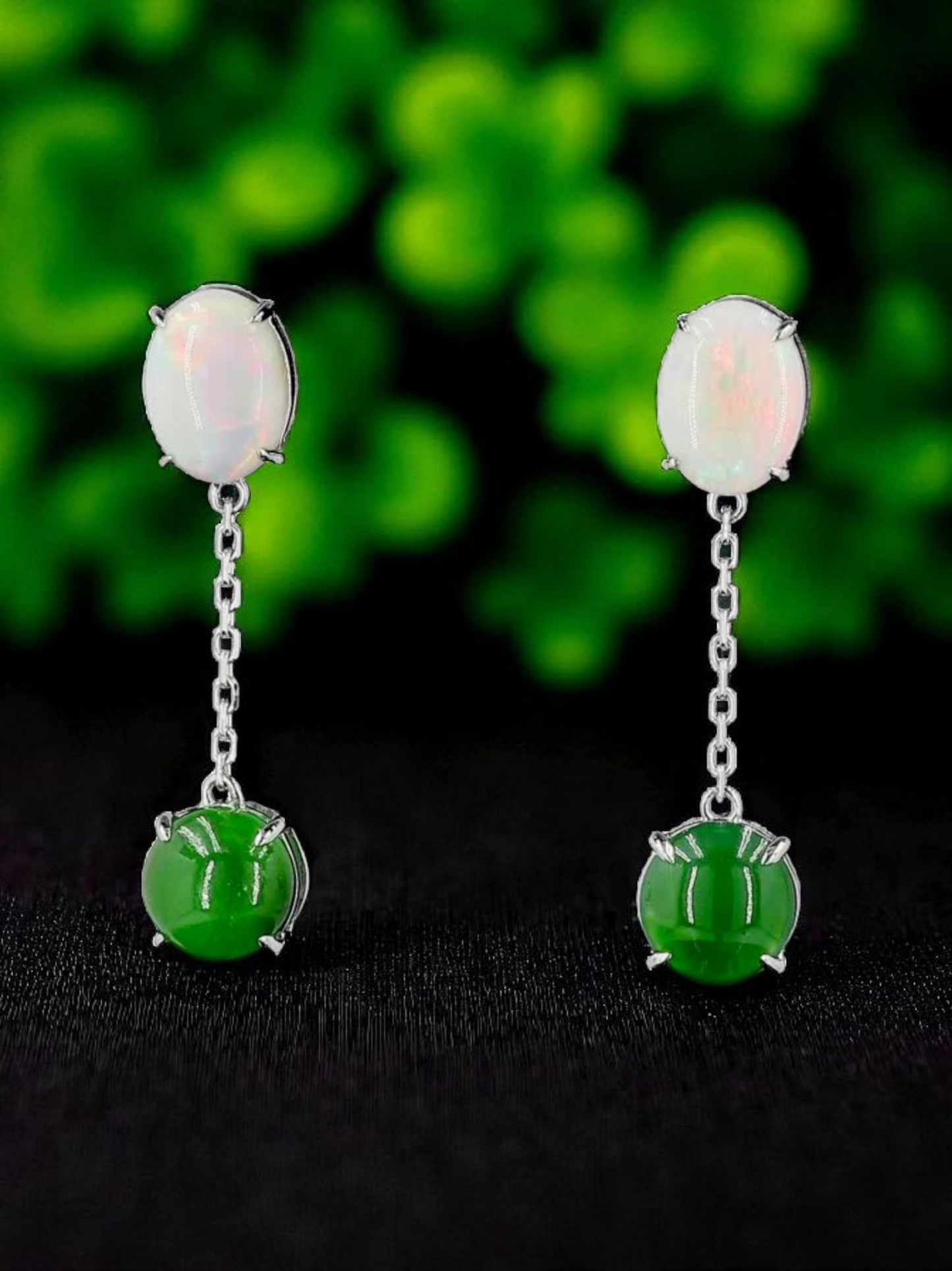 Opade Elegance Burmese A-Jadeite and Australian Opal Drop and Dangle Earrings with 14K White Gold - Certified V2