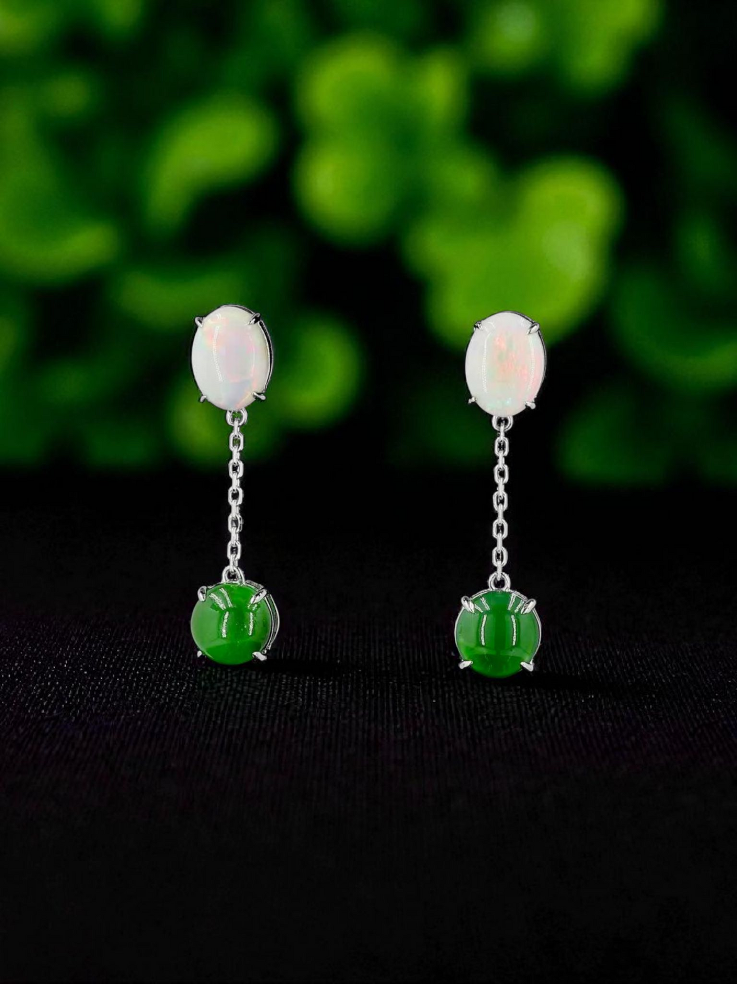 Opade Elegance Burmese A-Jadeite and Australian Opal Drop and Dangle Earrings with 14K White Gold - Certified V2