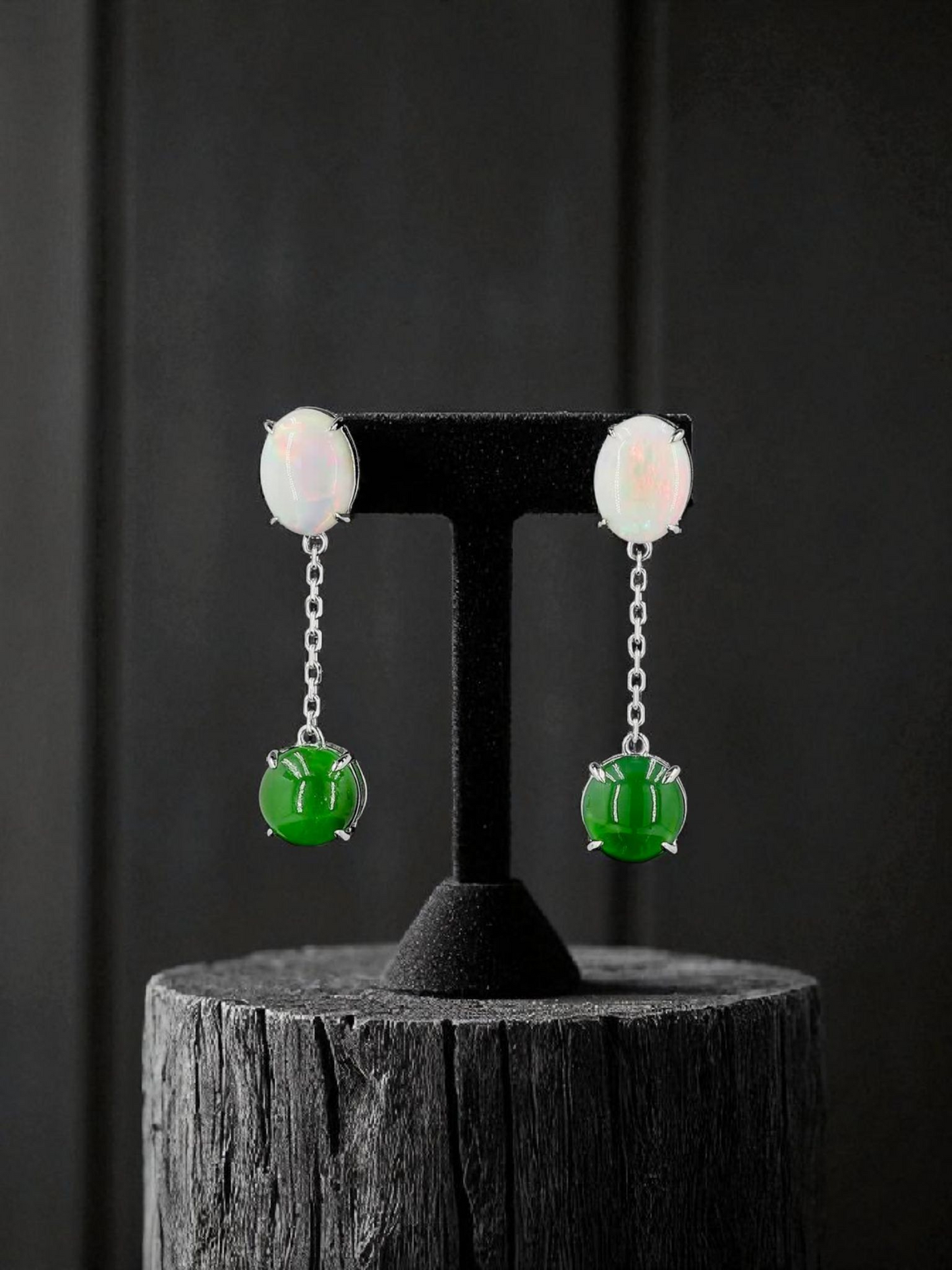 Opade Elegance Burmese A-Jadeite and Australian Opal Drop and Dangle Earrings with 14K White Gold - Certified V2