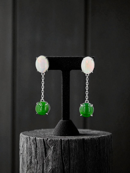 Opade Elegance Burmese A-Jadeite and Australian Opal Drop and Dangle Earrings with 14K White Gold - Certified V2