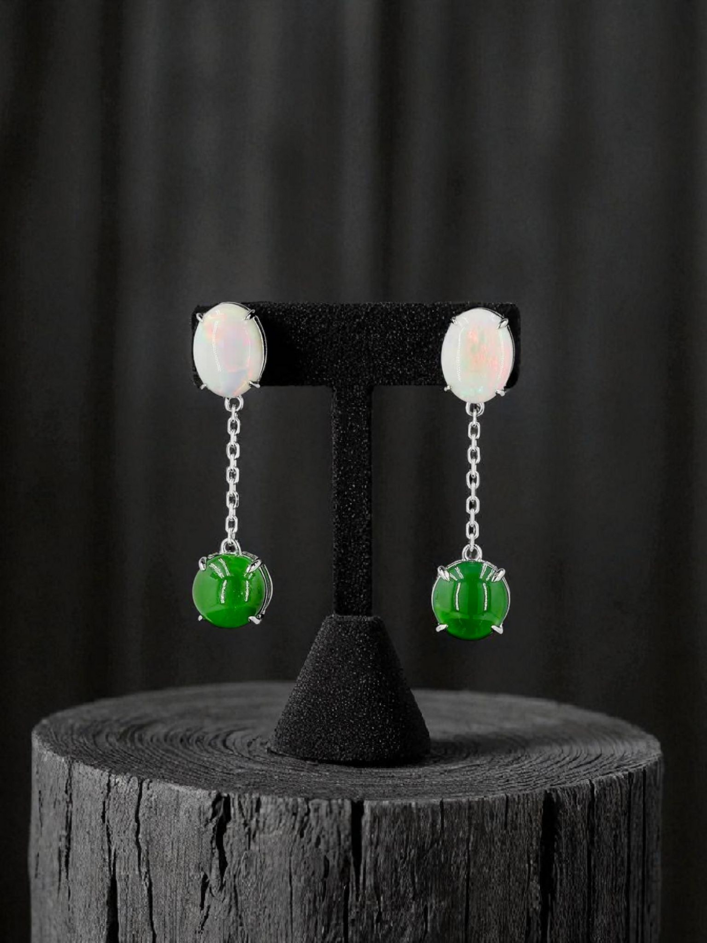 Opade Elegance Burmese A-Jadeite and Australian Opal Drop and Dangle Earrings with 14K White Gold - Certified V2
