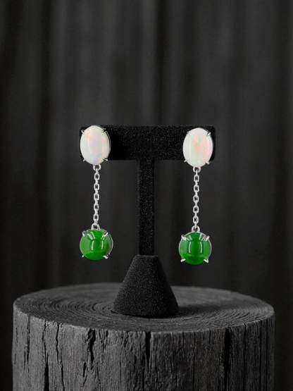 Opade Elegance Burmese A-Jadeite and Australian Opal Drop and Dangle Earrings with 14K White Gold - Certified V2