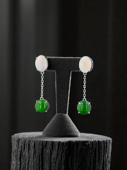 Opade Elegance Burmese A-Jadeite and Australian Opal Drop and Dangle Earrings with 14K White Gold - Certified V2