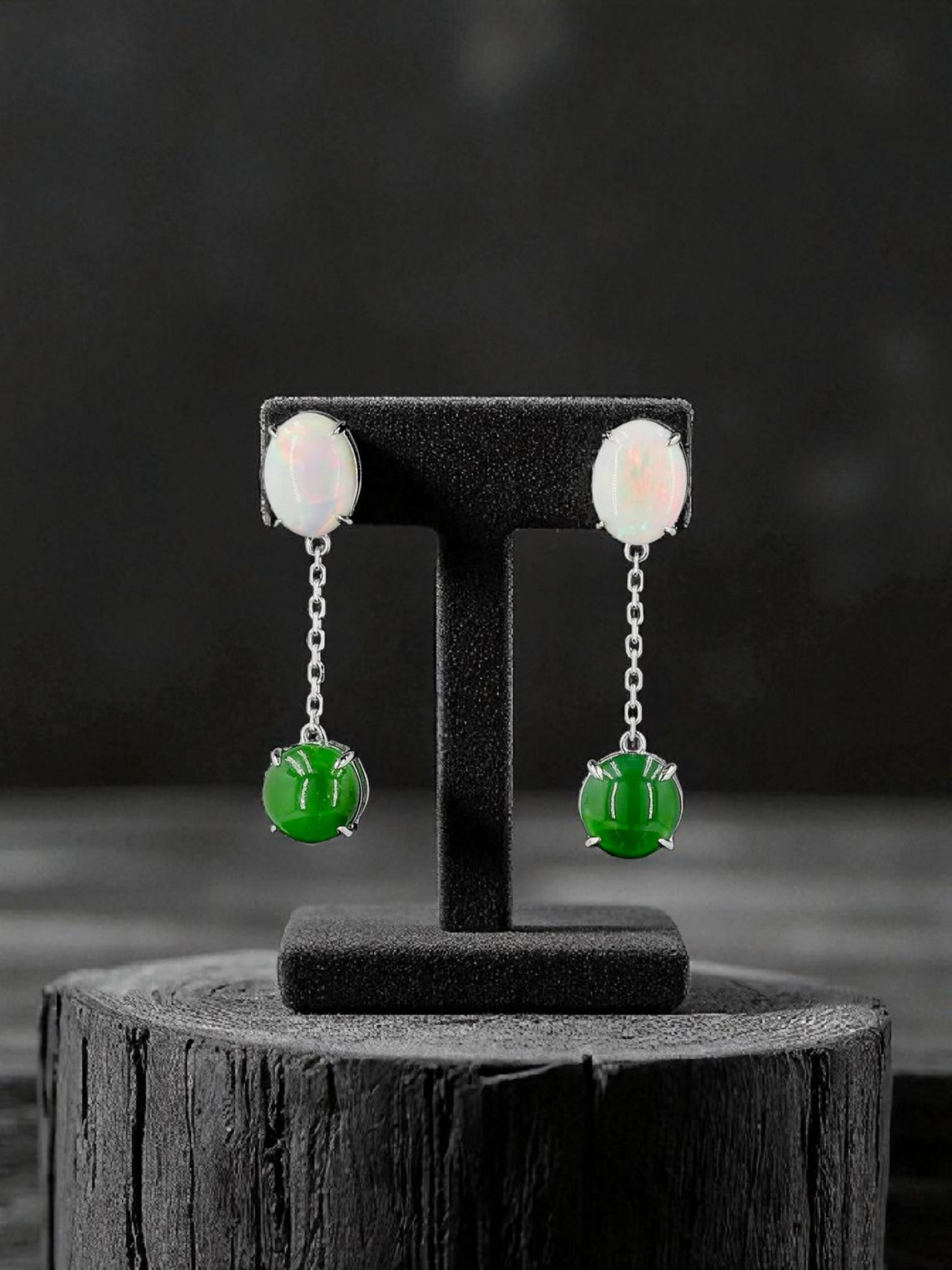 Opade Elegance Burmese A-Jadeite and Australian Opal Drop and Dangle Earrings with 14K White Gold - Certified V2