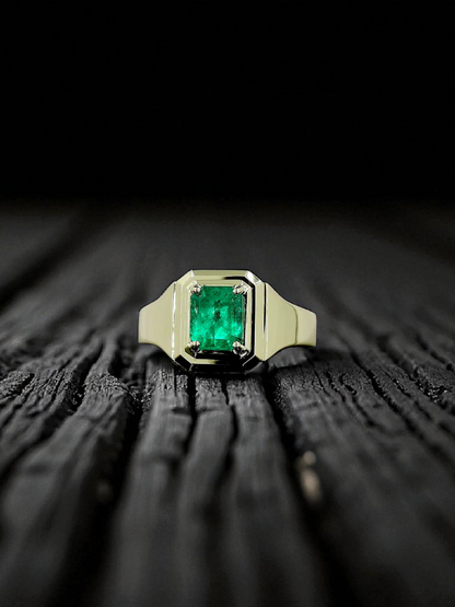 Certified Natural Columbian Emerald 1.72 cts (Vivid Green) Men's Ring with 14K Yellow Gold - Size US 9 - R6