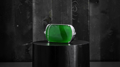 Odate MADE IN JAPAN Certified Vivid-Imperial Intense Green Burmese A-Jadeite Men's Ring (with 18K White Gold and Diamonds) Size US 9.5 - R24