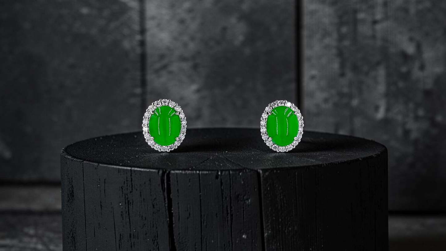 Eternal Sunshine Bright Imperial Green Burmese A-Jade Stud Earrings with Diamond Halo and 18K White Gold - Certified - V7