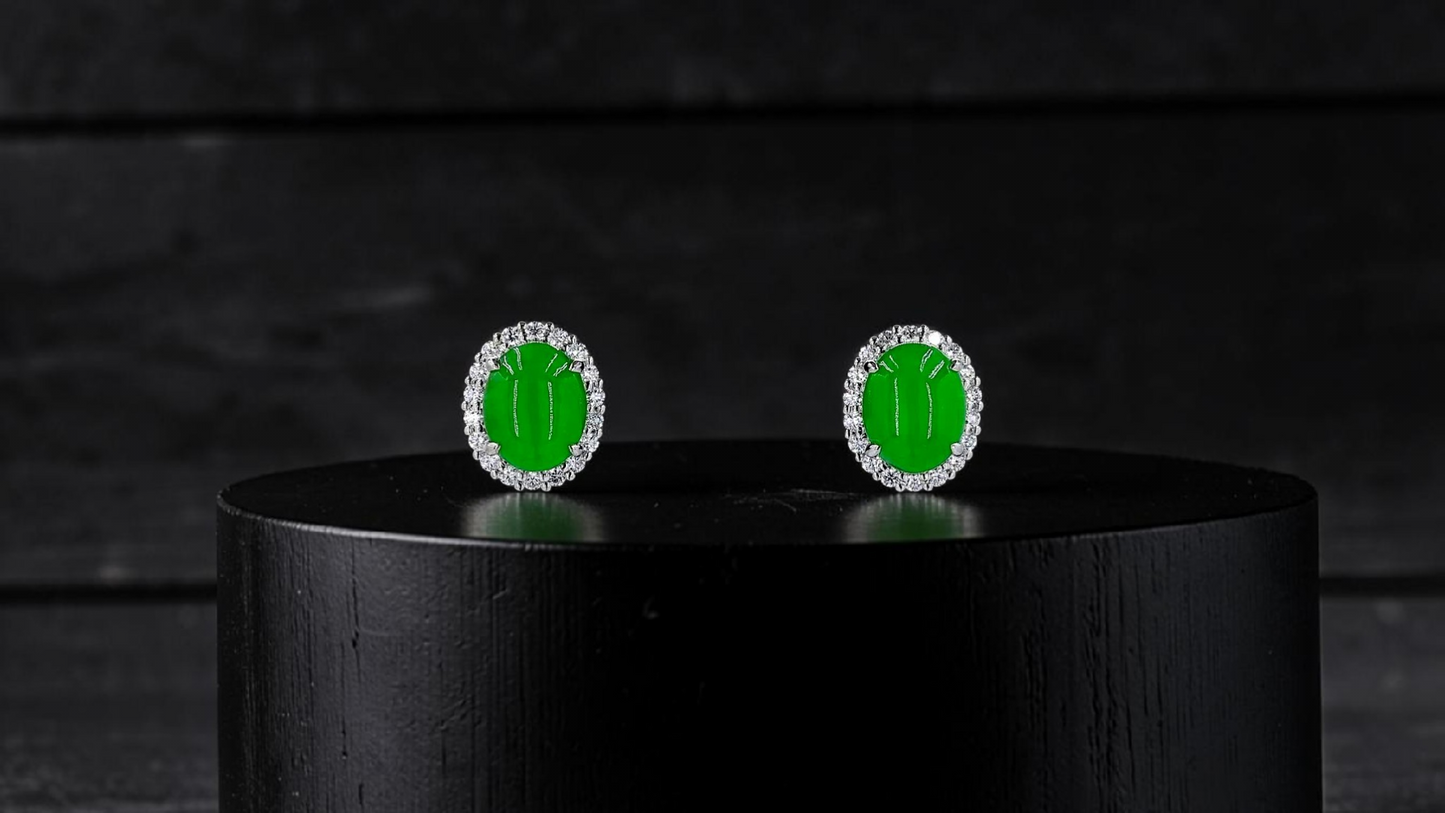 Eternal Sunshine Bright Imperial Green Burmese A-Jade Stud Earrings with Diamond Halo and 18K White Gold - Certified - V7
