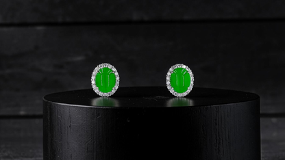 Eternal Sunshine Bright Imperial Green Burmese A-Jade Stud Earrings with Diamond Halo and 18K White Gold - Certified - V7