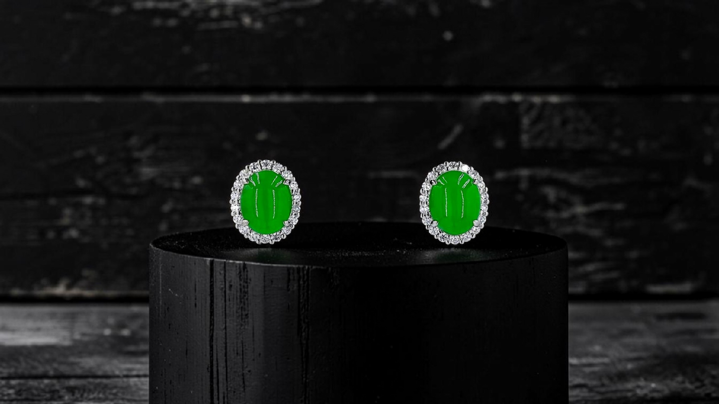 Eternal Sunshine Bright Imperial Green Burmese A-Jade Stud Earrings with Diamond Halo and 18K White Gold - Certified - V7