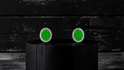 Eternal Sunshine Bright Imperial Green Burmese A-Jade Stud Earrings with Diamond Halo and 18K White Gold - Certified - V7