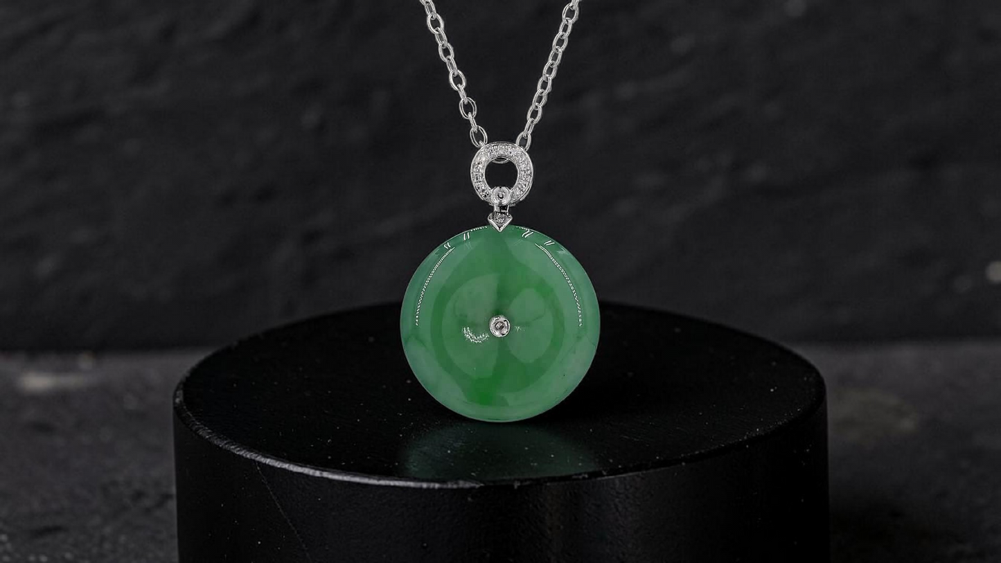 Omuta Round Burmese A-Jadeite 17.30 mm Donut Charm Pendant (with 18K White Gold and White Diamonds) - Certified