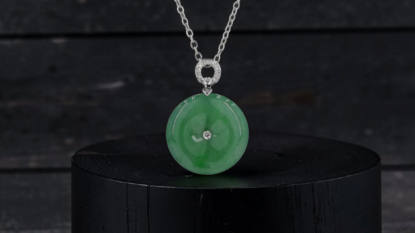 Omuta Round Burmese A-Jadeite 17.30 mm Donut Charm Pendant (with 18K White Gold and White Diamonds) - Certified