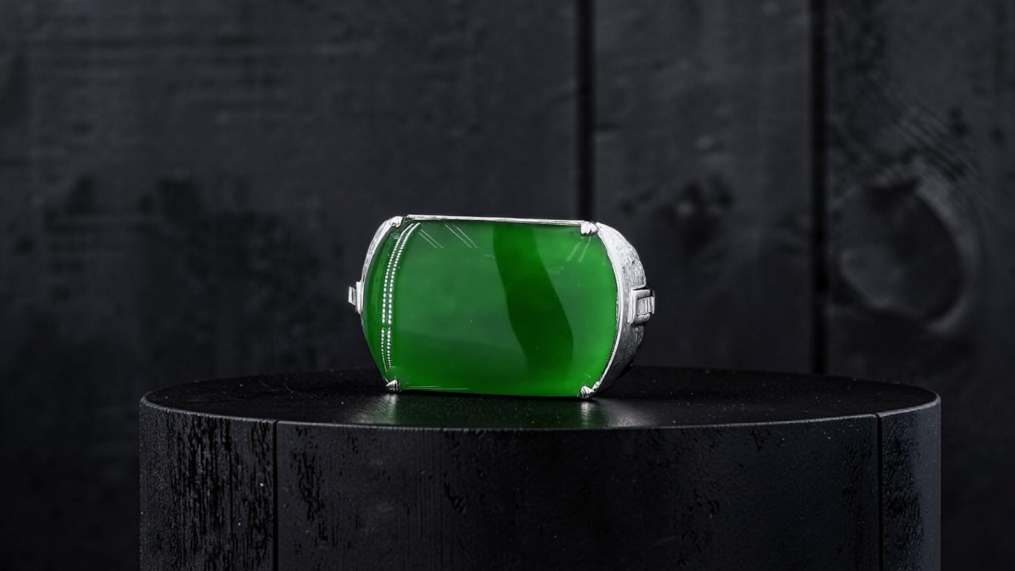 Odate MADE IN JAPAN Certified Vivid-Imperial Intense Green Burmese A-Jadeite Men's Ring (with 18K White Gold and Diamonds) Size US 9.5 - R24