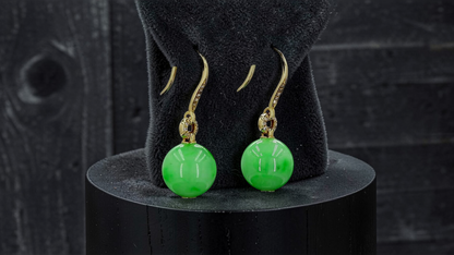 Komaki 10.50 mm Dangling Beads Vivid Green Burmese A-Jade French Hook Earrings (with 18K Yellow Gold and White Diamonds) - Certified