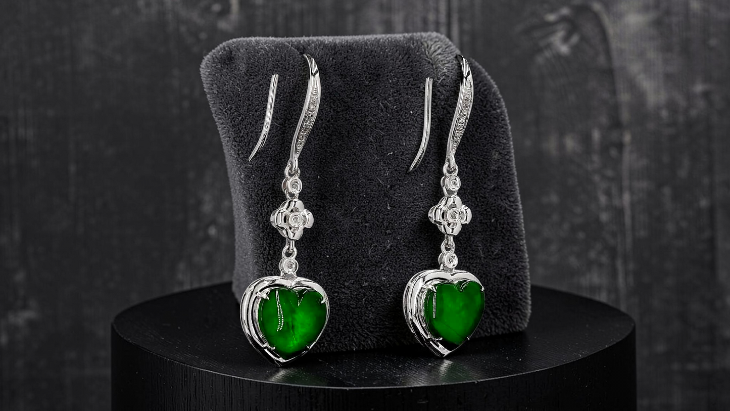 Tokai Dangling Hearts Intense Imperial Green Burmese A-Jade French Hook Earrings (with 18K White Gold and White Diamonds) - Certified