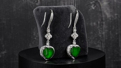 Tokai Dangling Hearts Intense Imperial Green Burmese A-Jade French Hook Earrings (with 18K White Gold and White Diamonds) - Certified