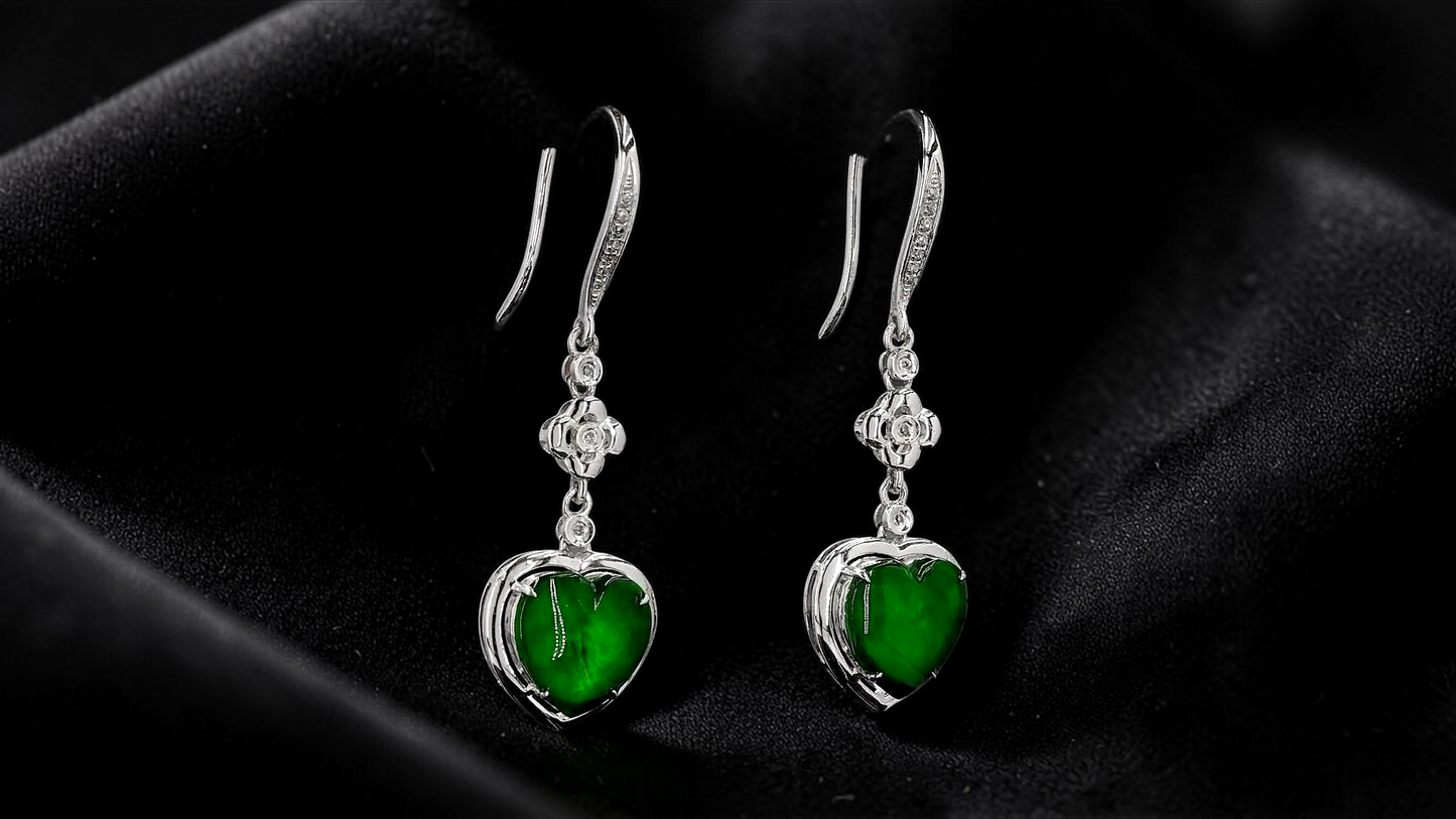 Tokai Dangling Hearts Intense Imperial Green Burmese A-Jade French Hook Earrings (with 18K White Gold and White Diamonds) - Certified