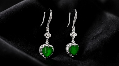 Tokai Dangling Hearts Intense Imperial Green Burmese A-Jade French Hook Earrings (with 18K White Gold and White Diamonds) - Certified