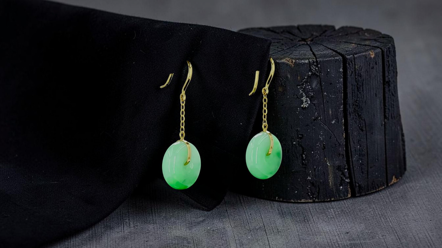 Chiryu Dangling Donut Green Burmese A-Jade French Hook Earrings (with 18K Yellow Gold) - Certified