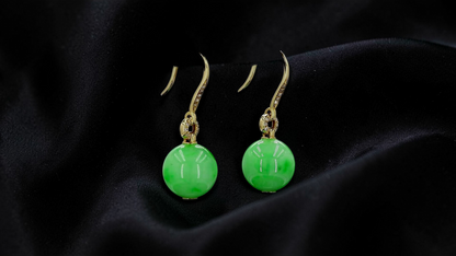 Komaki 10.50 mm Dangling Beads Vivid Green Burmese A-Jade French Hook Earrings (with 18K Yellow Gold and White Diamonds) - Certified