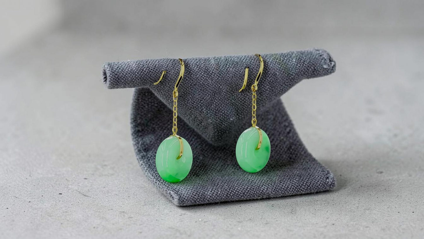 Chiryu Dangling Donut Green Burmese A-Jade French Hook Earrings (with 18K Yellow Gold) - Certified