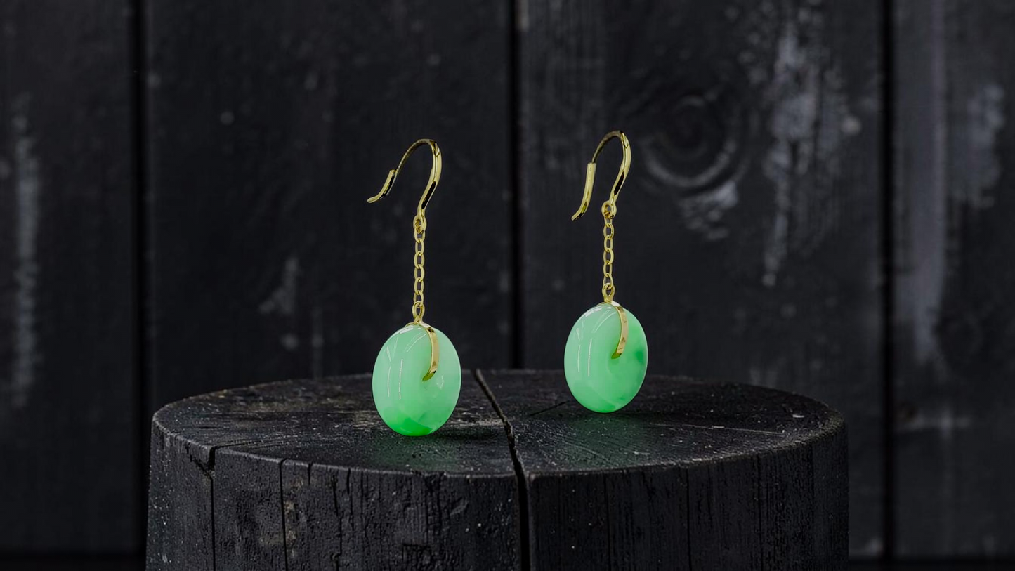 Chiryu Dangling Donut Green Burmese A-Jade French Hook Earrings (with 18K Yellow Gold) - Certified