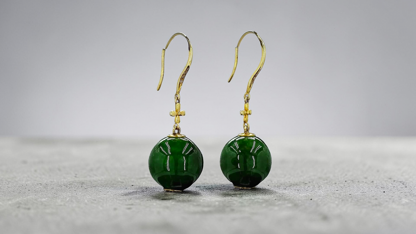 Kiyosu 11.50 mm Dangling Beads Deep Intense Green Burmese A-Jade French Hook Earrings (with 18K Yellow Gold and White Diamonds) - Certified