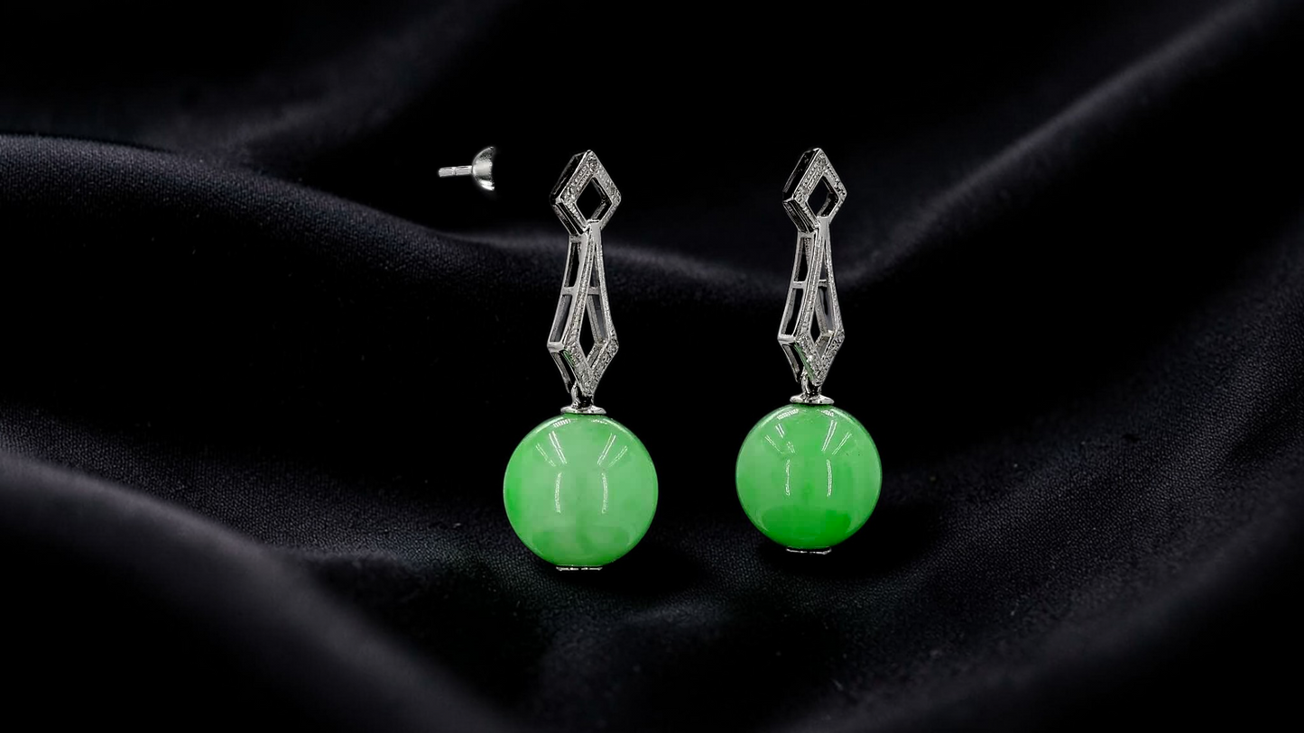 Inazawa 10 mm Dangling Beads Bright Green Burmese A-Jade Earrings (with 18K White Gold and White Diamonds) - Certified