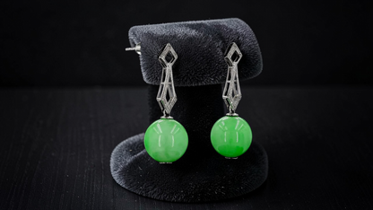Inazawa 10 mm Dangling Beads Bright Green Burmese A-Jade Earrings (with 18K White Gold and White Diamonds) - Certified