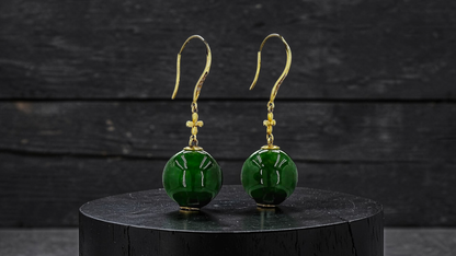 Kiyosu 11.50 mm Dangling Beads Deep Intense Green Burmese A-Jade French Hook Earrings (with 18K Yellow Gold and White Diamonds) - Certified