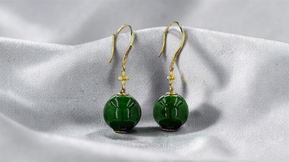Kiyosu 11.50 mm Dangling Beads Deep Intense Green Burmese A-Jade French Hook Earrings (with 18K Yellow Gold and White Diamonds) - Certified